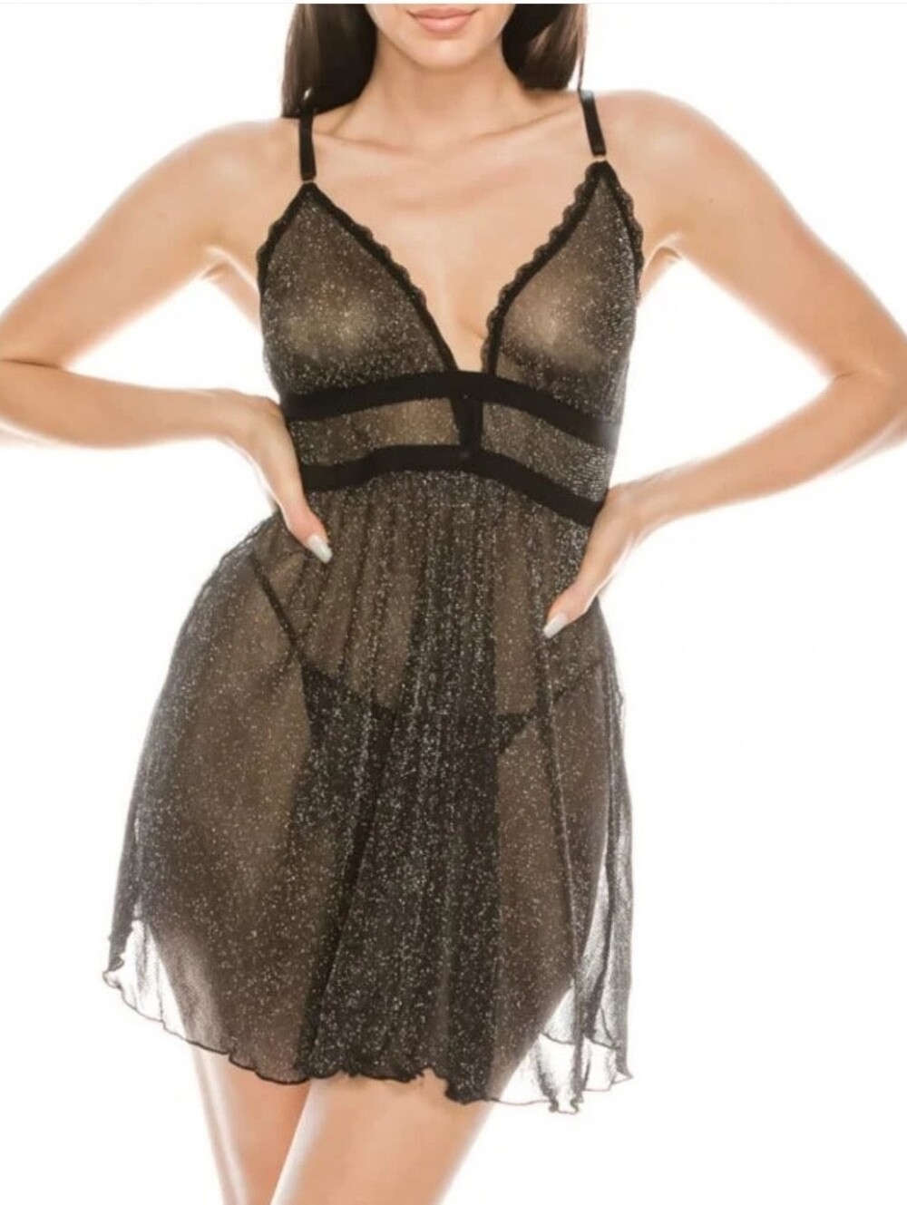 Youmita Black Shimmer Babydoll Lingerie Set NWT Matching Thong